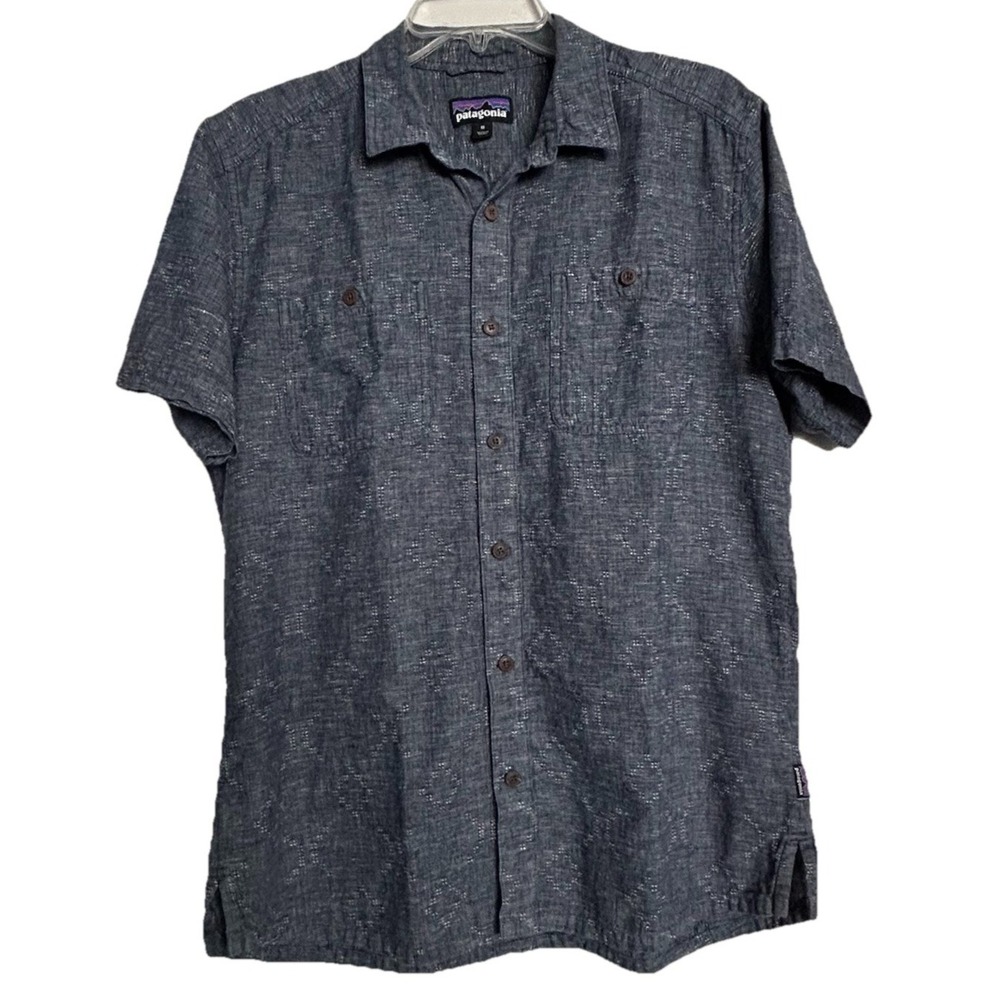 Patagonia Back Step Men's Shirt Medium‎ Short Sleeve Button-Up Hemp Cotton Blue